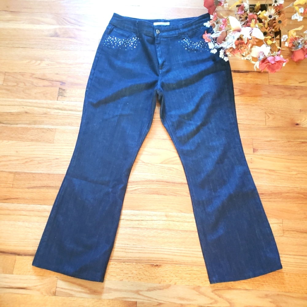 Chico's Dark Blue Boot Cut Jeans with Studded Pockets
